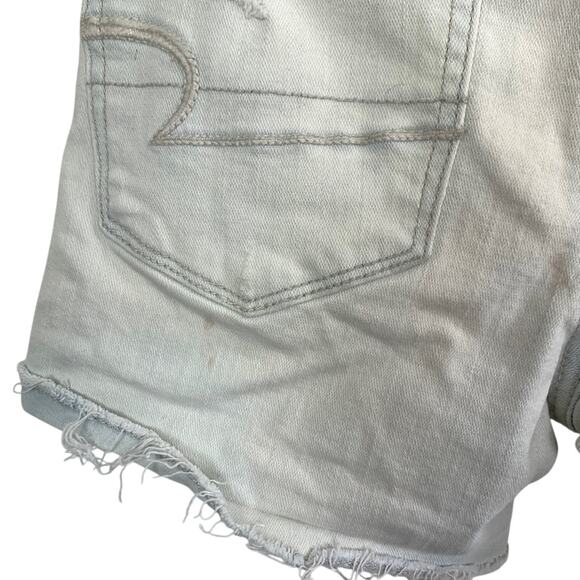 American Eagle Hi Rise Shortie Distressed Light Blue Wash Raw Hem Shorts sz 00 - Picture 15 of 16